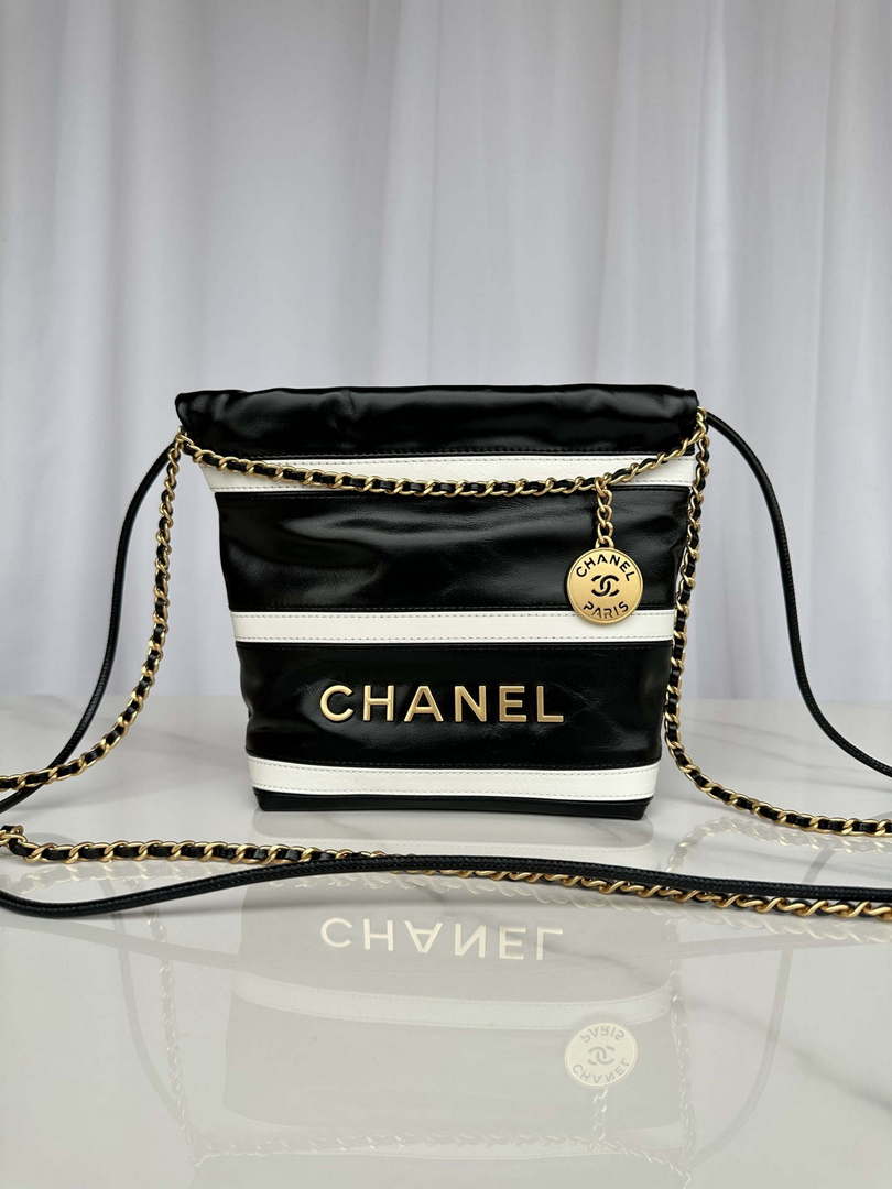 Chanel 22 Mini Handbag AS3980 Shiny Calfskin & Gold-Tone Metal Black & White - Default Title - View 1