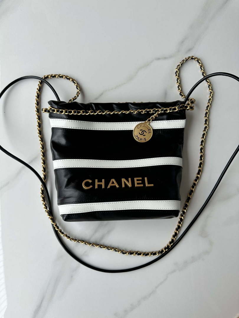 Chanel 22 Mini Handbag AS3980 Shiny Calfskin & Gold-Tone Metal Black & White