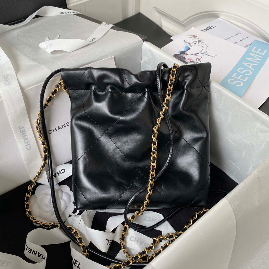 Chanel 22 Mini Handbag AS3980 Shiny Calfskin & Gold-Tone Metal Black