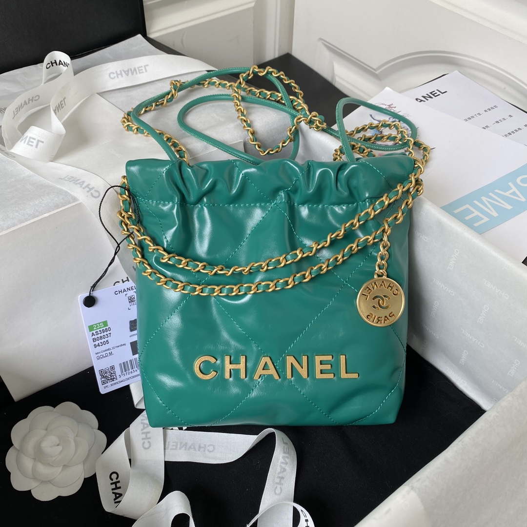 Chanel 22 Mini Handbag AS3980 Shiny Calfskin & Gold-Tone Metal Green - Default Title - View 1