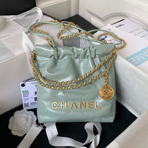 Chanel 22 Mini Handbag AS3980 Shiny Calfskin & Gold-Tone Metal Green Gray - Default Title - View 1