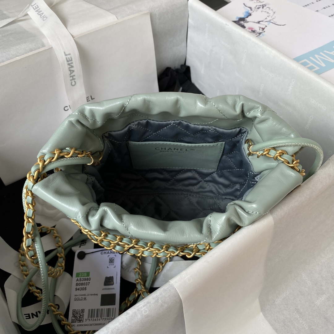 Chanel 22 Mini Handbag AS3980 Shiny Calfskin & Gold-Tone Metal Green Gray - Default Title - View 6