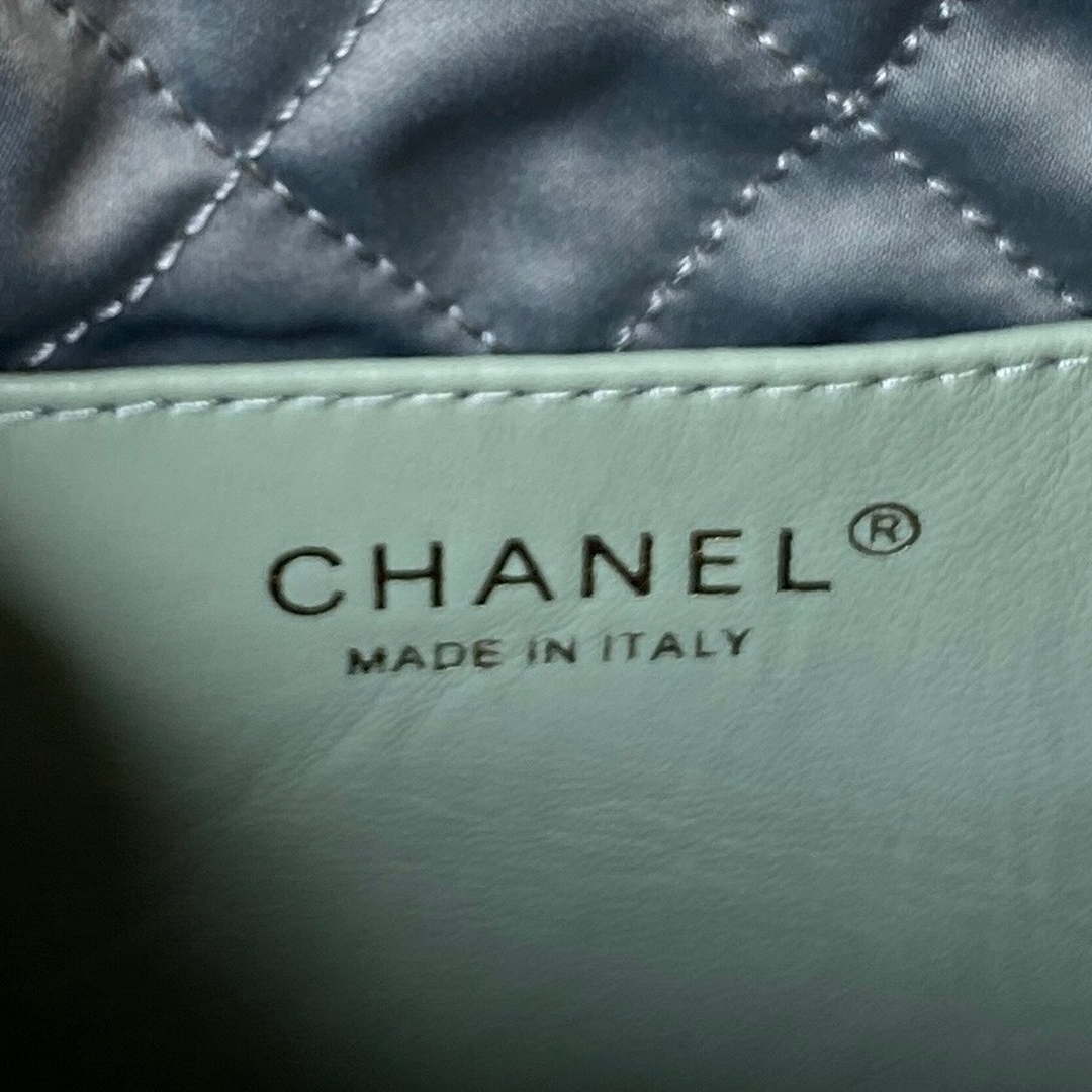 Chanel 22 Mini Handbag AS3980 Shiny Calfskin & Gold-Tone Metal Green Gray