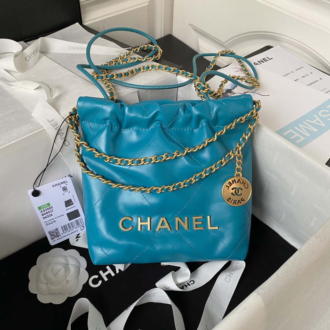 Chanel 22 Mini Handbag AS3980 Shiny Calfskin & Gold-Tone Metal Lake Blue - Default Title - View 1