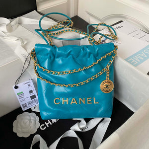 Chanel 22 Mini Handbag AS3980 Shiny Calfskin & Gold-Tone Metal Lake Blue - Default Title - View 1