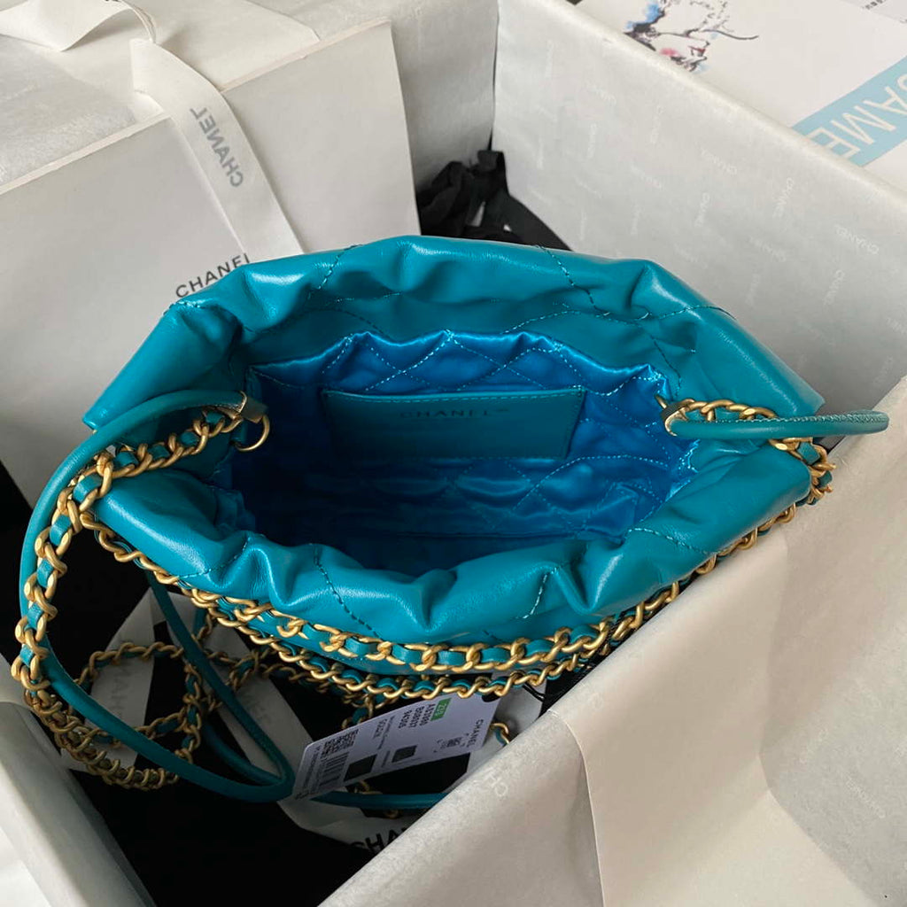 Chanel 22 Mini Handbag AS3980 Shiny Calfskin & Gold-Tone Metal Lake Blue