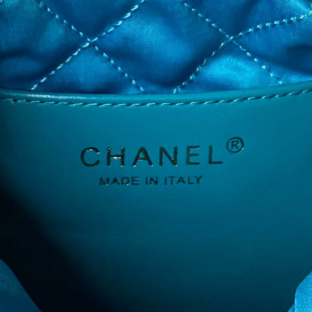 Chanel 22 Mini Handbag AS3980 Shiny Calfskin & Gold-Tone Metal Lake Blue