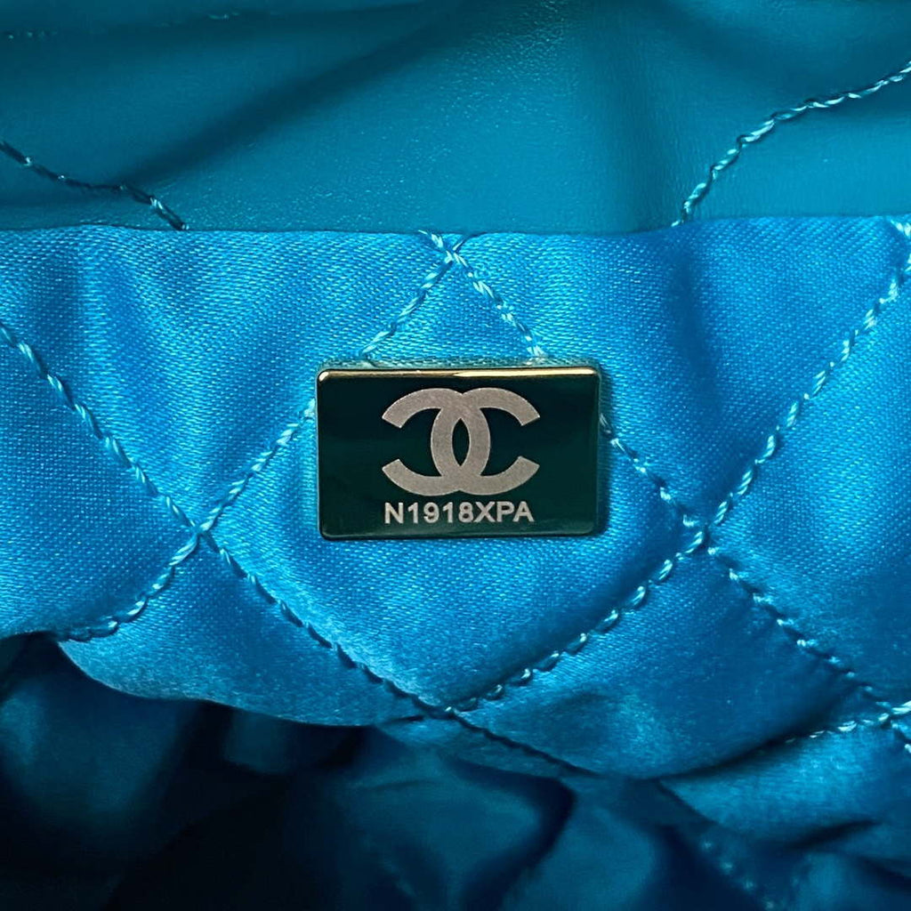 Chanel 22 Mini Handbag AS3980 Shiny Calfskin & Gold-Tone Metal Lake Blue