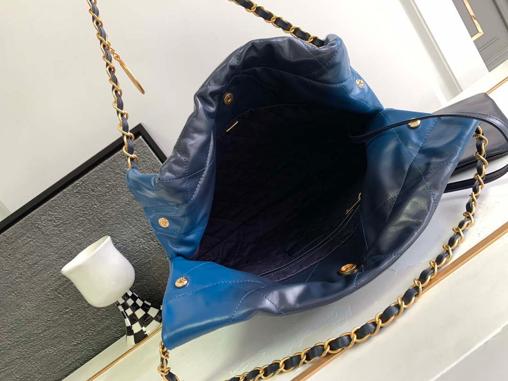 Chanel 22 Mini Handbag AS3980 Shiny Calfskin & Gold-Tone Metal Navy Blue