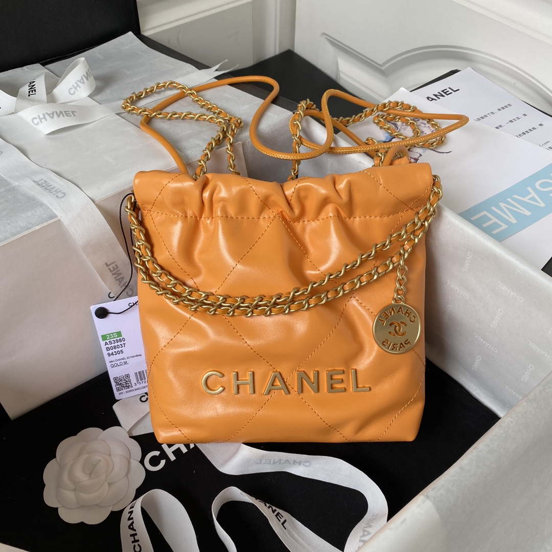Chanel 22 Mini Handbag AS3980 Shiny Calfskin & Gold-Tone Metal Orange - Default Title - View 1
