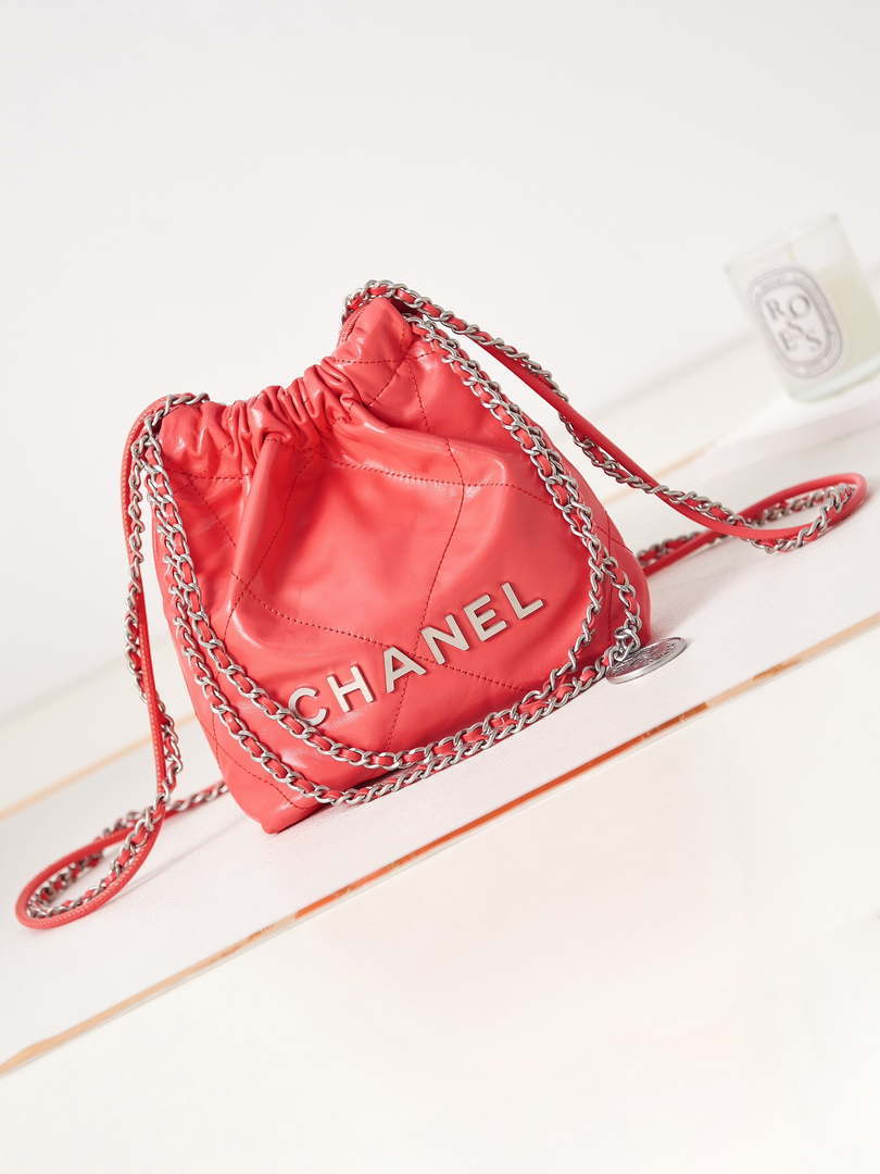 Chanel 22 AS3980 Mini Handbag Shiny Calfskin & Silver-Tone Metal Red - Default Title - View 1