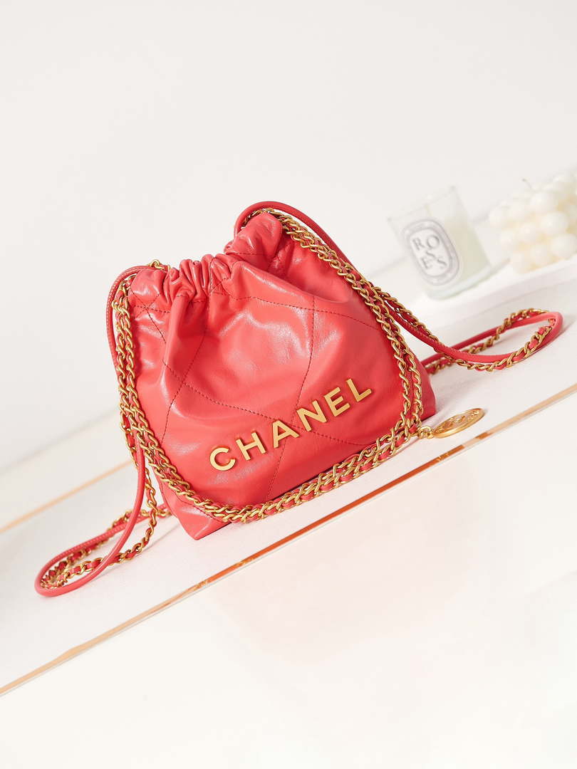 Chanel 22 Mini Handbag AS3980 Shiny Calfskin & Gold-Tone Metal Red - Default Title - View 1