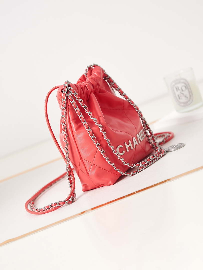 Chanel 22 AS3980 Mini Handbag Shiny Calfskin & Silver-Tone Metal Red - Default Title - View 3