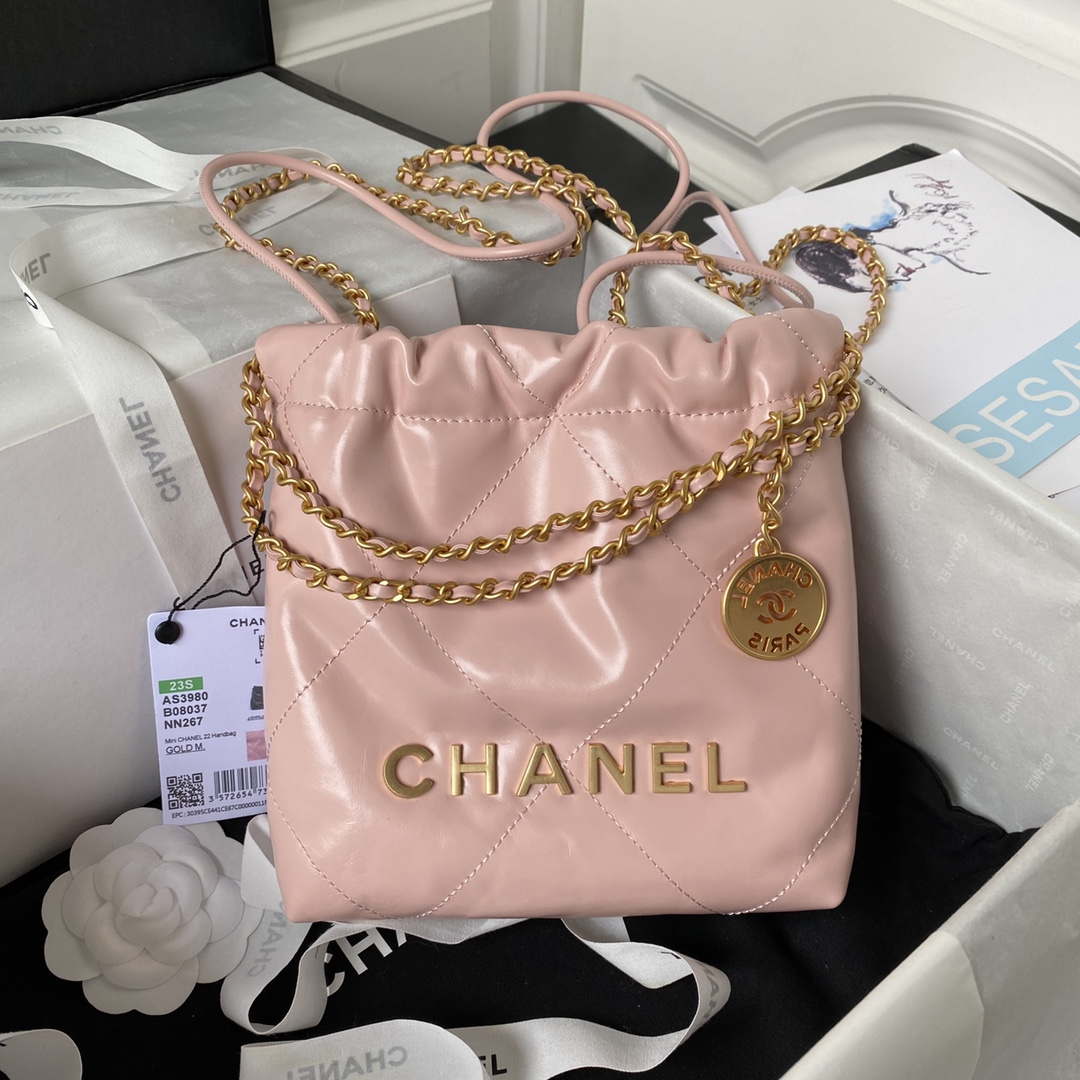 Chanel 22 Mini Handbag AS3980 Shiny Calfskin & Gold-Tone Metal Pink - Default Title - View 1