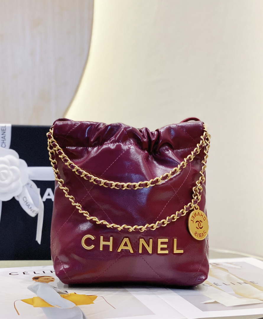 Chanel 22 Mini Handbag AS3980 Shiny Calfskin & Gold-Tone Metal Purple Red