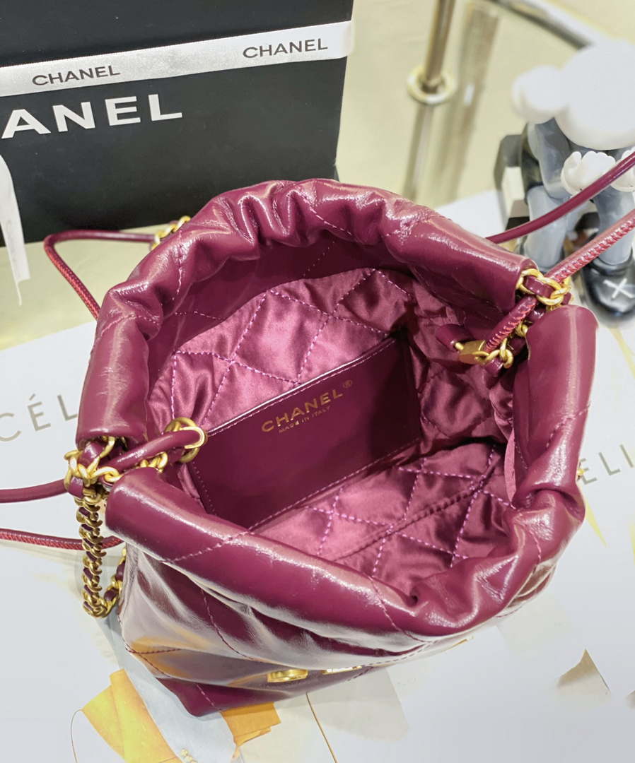 Chanel 22 Mini Handbag AS3980 Shiny Calfskin & Gold-Tone Metal Purple Red