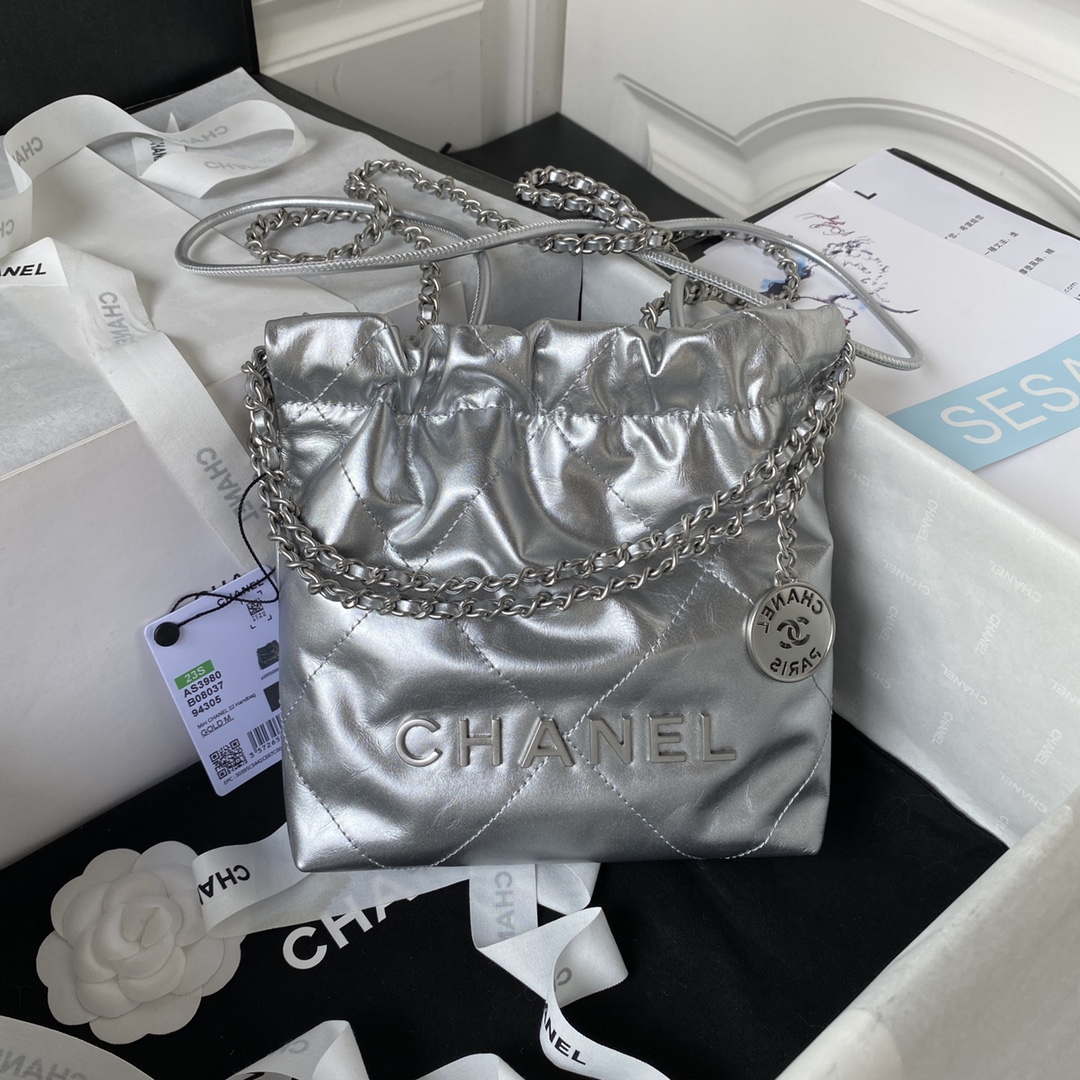 Chanel 22 AS3980 Mini Handbag Shiny Calfskin & Silver-Tone Metal Silver - Default Title - View 1