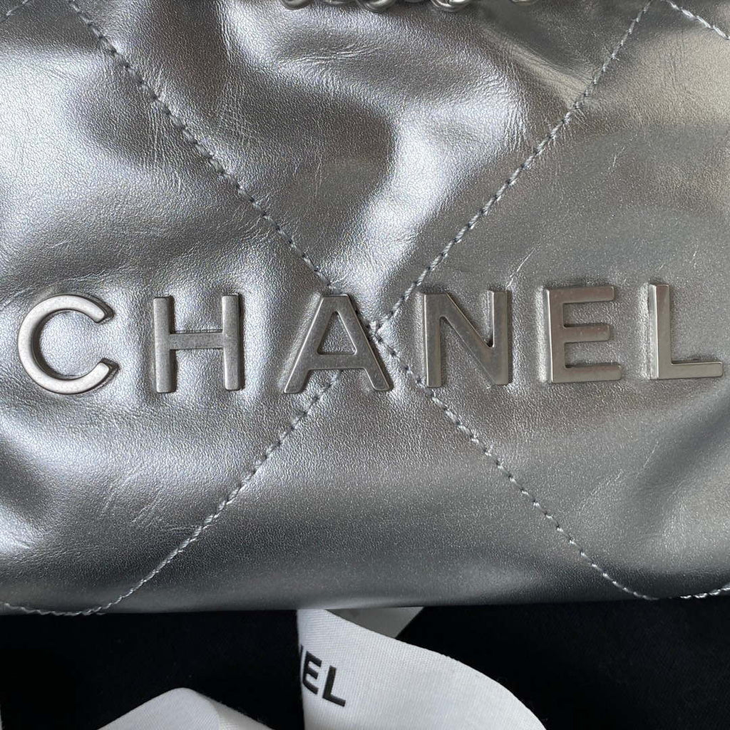 Chanel 22 AS3980 Mini Handbag Shiny Calfskin & Silver-Tone Metal Silver