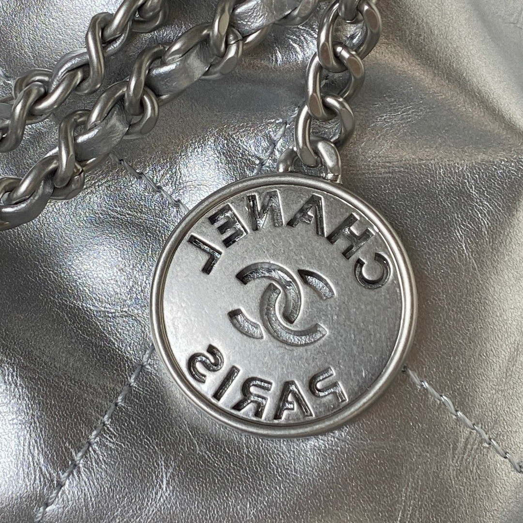 Chanel 22 AS3980 Mini Handbag Shiny Calfskin & Silver-Tone Metal Silver
