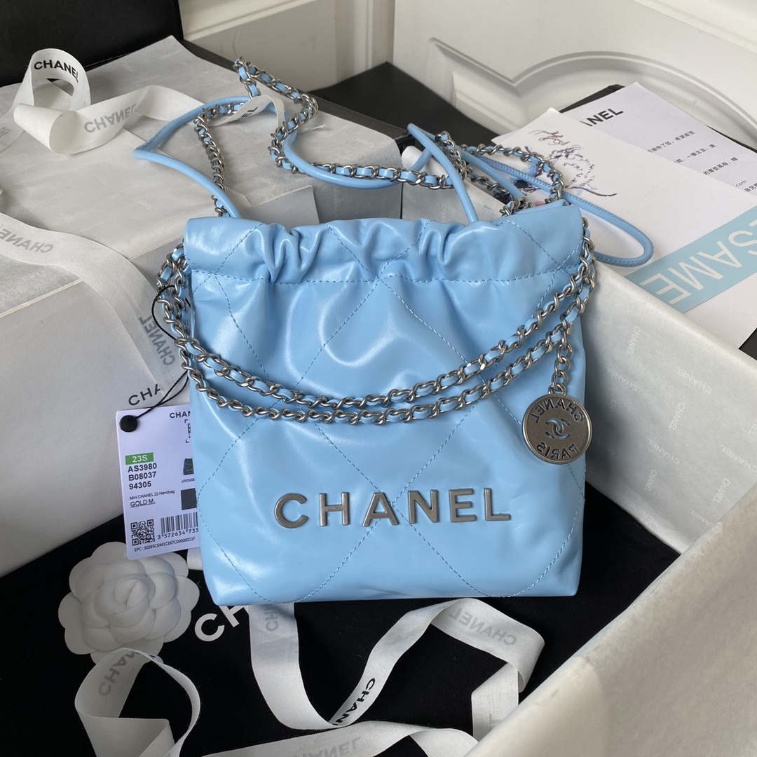 Chanel 22 AS3980 Mini Handbag Shiny Calfskin & Silver-Tone Metal Sky blue - Default Title - View 1