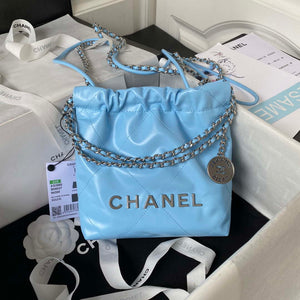 Chanel 22 AS3980 Mini Handbag Shiny Calfskin & Silver-Tone Metal Sky blue - Default Title - View 1