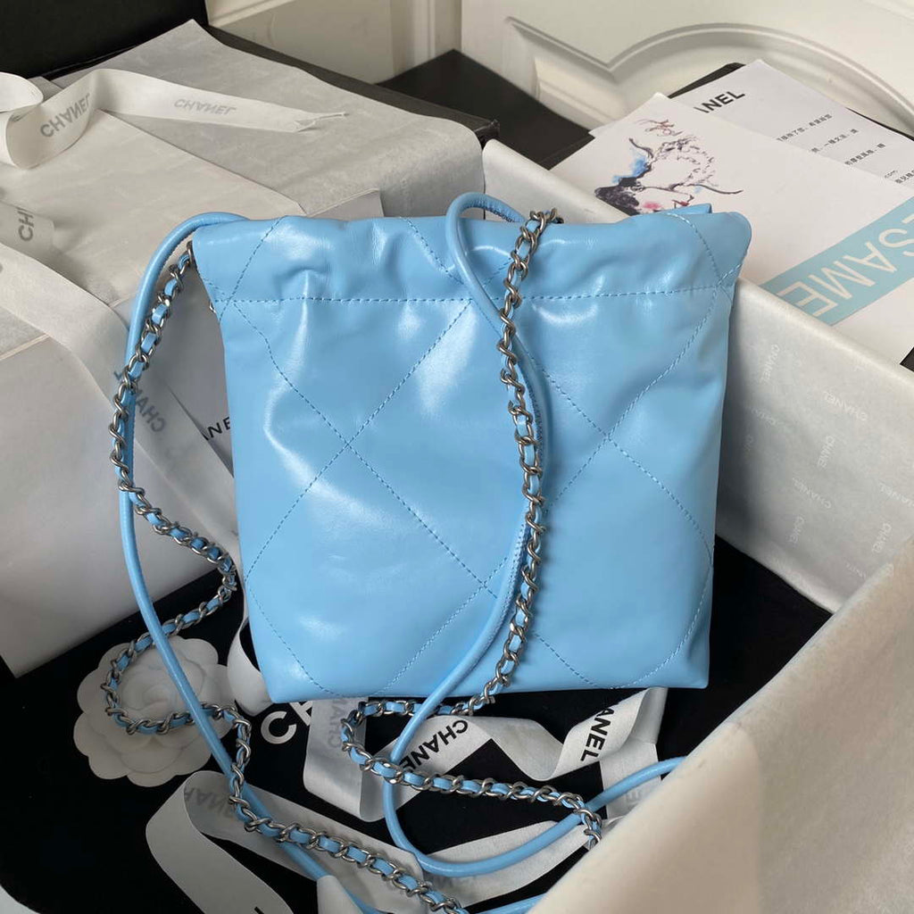 Chanel 22 AS3980 Mini Handbag Shiny Calfskin & Silver-Tone Metal Sky blue