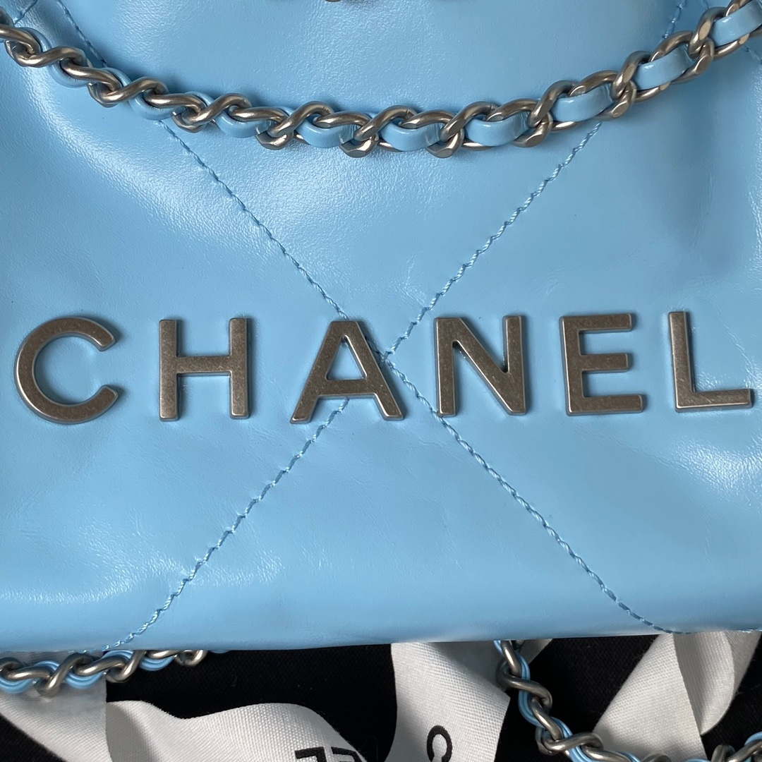 Chanel 22 AS3980 Mini Handbag Shiny Calfskin & Silver-Tone Metal Sky blue