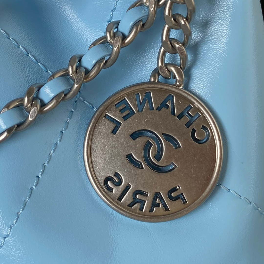 Chanel 22 AS3980 Mini Handbag Shiny Calfskin & Silver-Tone Metal Sky blue