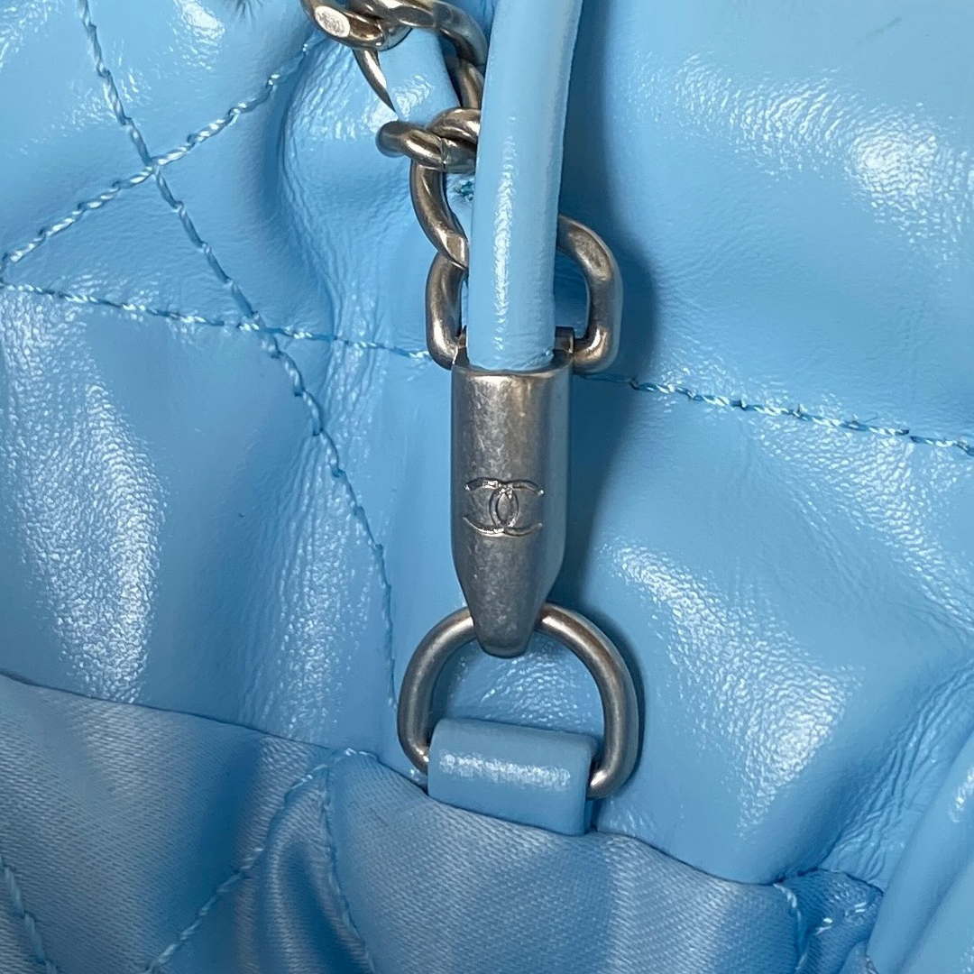 Chanel 22 AS3980 Mini Handbag Shiny Calfskin & Silver-Tone Metal Sky blue