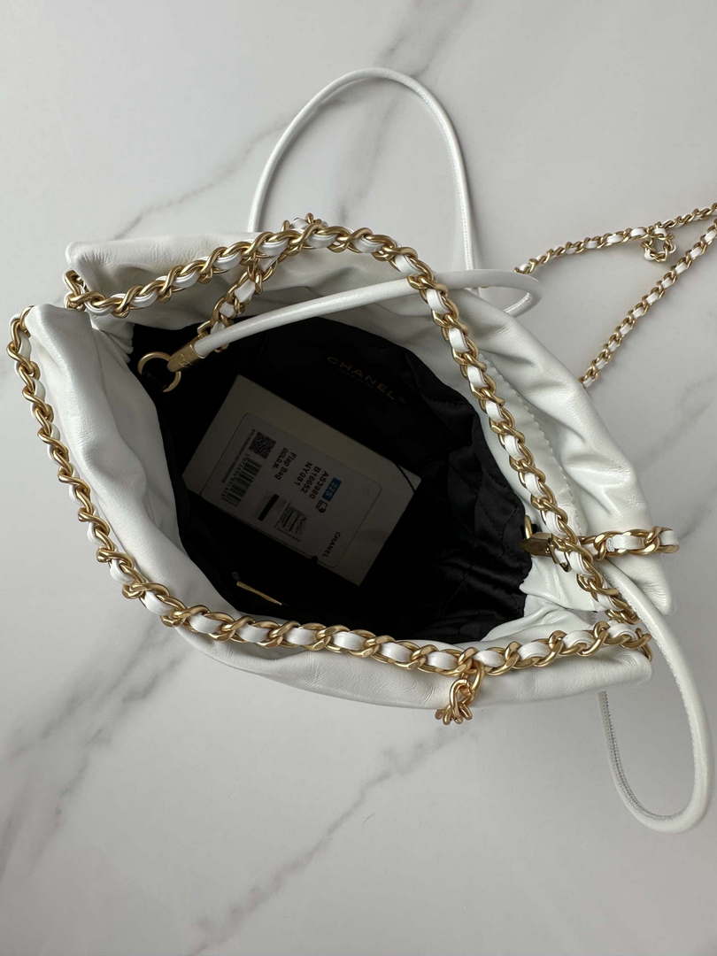 Chanel 22 Mini Handbag AS3980 Shiny Calfskin & Gold-Tone Metal White & Black