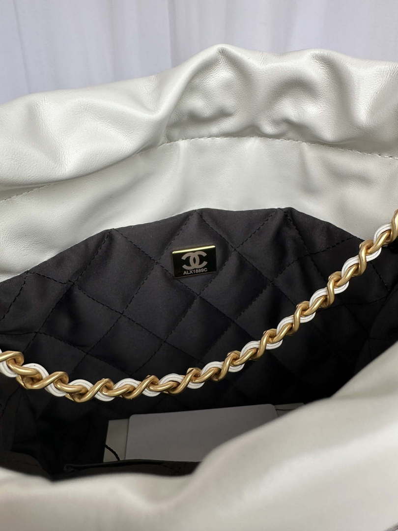 Chanel 22 Mini Handbag AS3980 Shiny Calfskin & Gold-Tone Metal White & Black