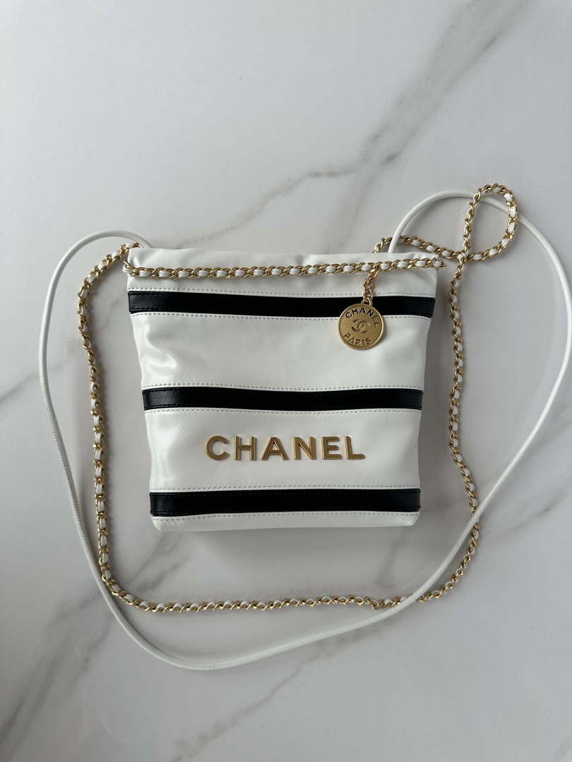 Chanel 22 Mini Handbag AS3980 Shiny Calfskin & Gold-Tone Metal White & Black - Default Title - View 10