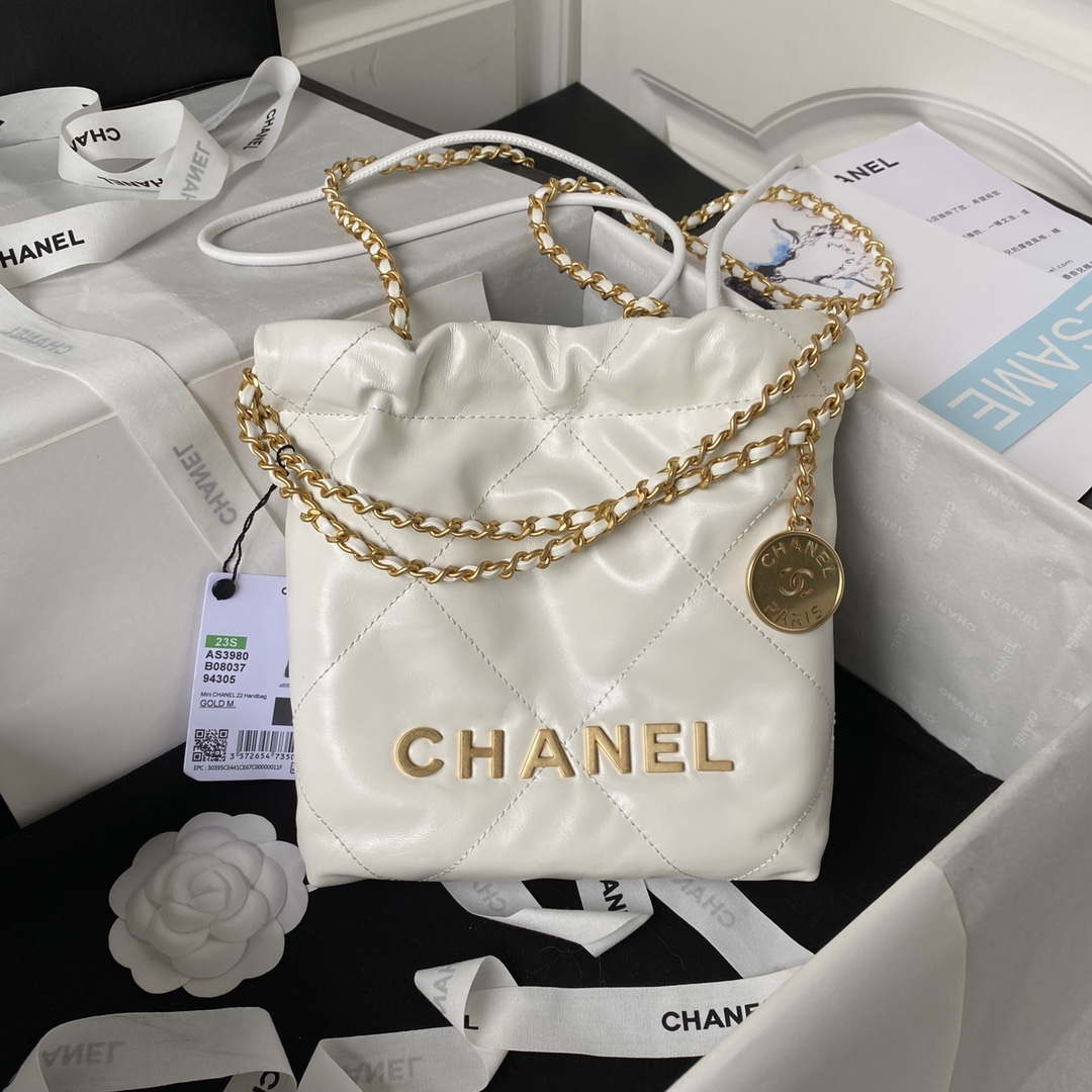 Chanel 22 Mini Handbag AS3980 Shiny Calfskin & Gold-Tone Metal White - Default Title - View 1
