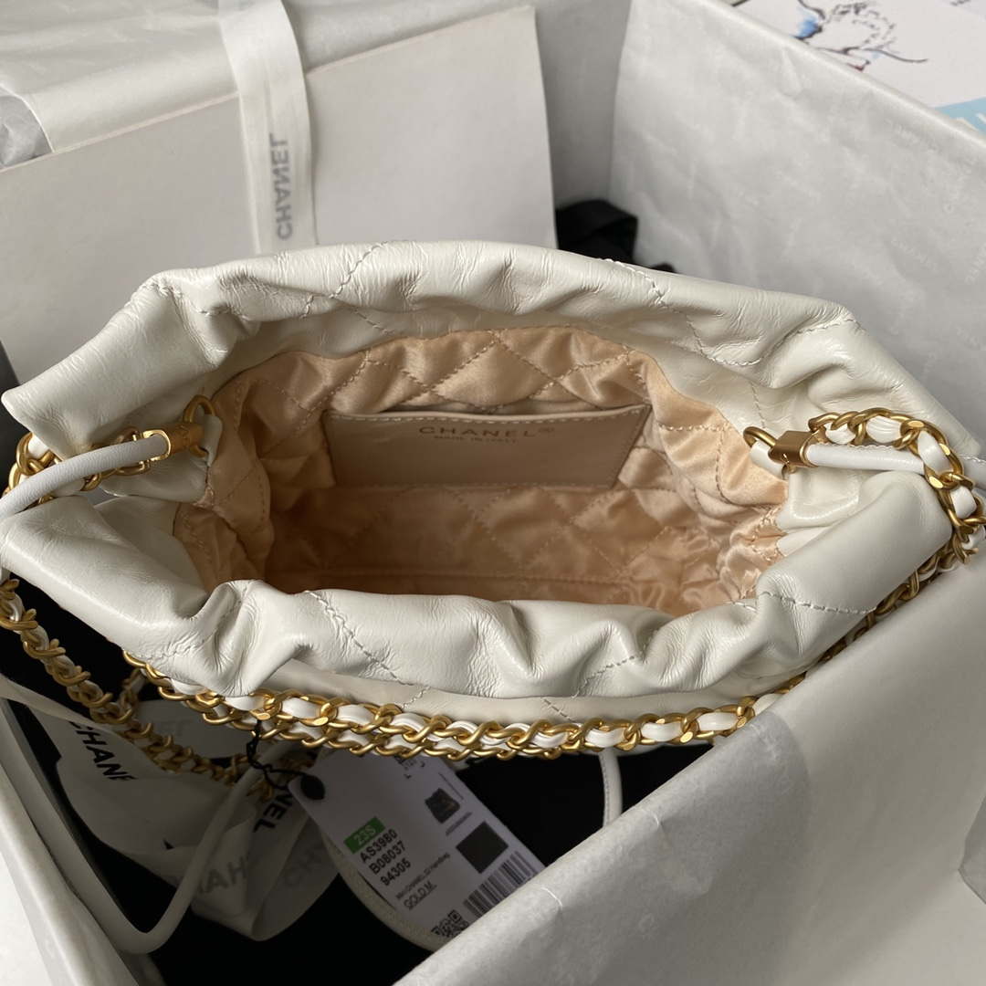 Chanel 22 Mini Handbag AS3980 Shiny Calfskin & Gold-Tone Metal White
