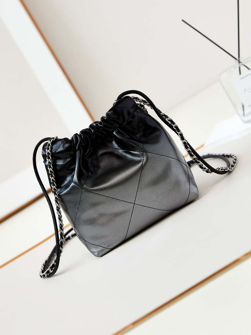 Chanel 22 Mini Handbag Patent Gradient Calfskin Lacquered Metal AS3980 Black