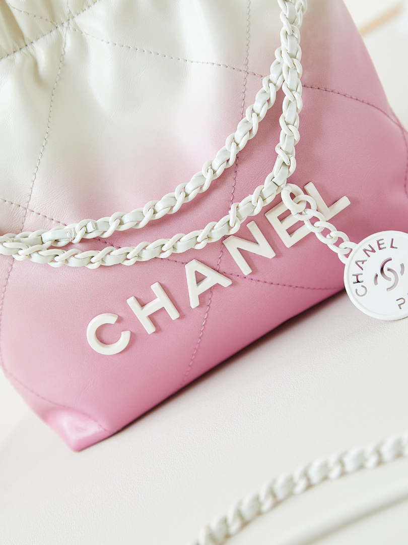 Chanel 22 Mini Handbag Patent Gradient Calfskin Lacquered Metal AS3980 White & Light Pink