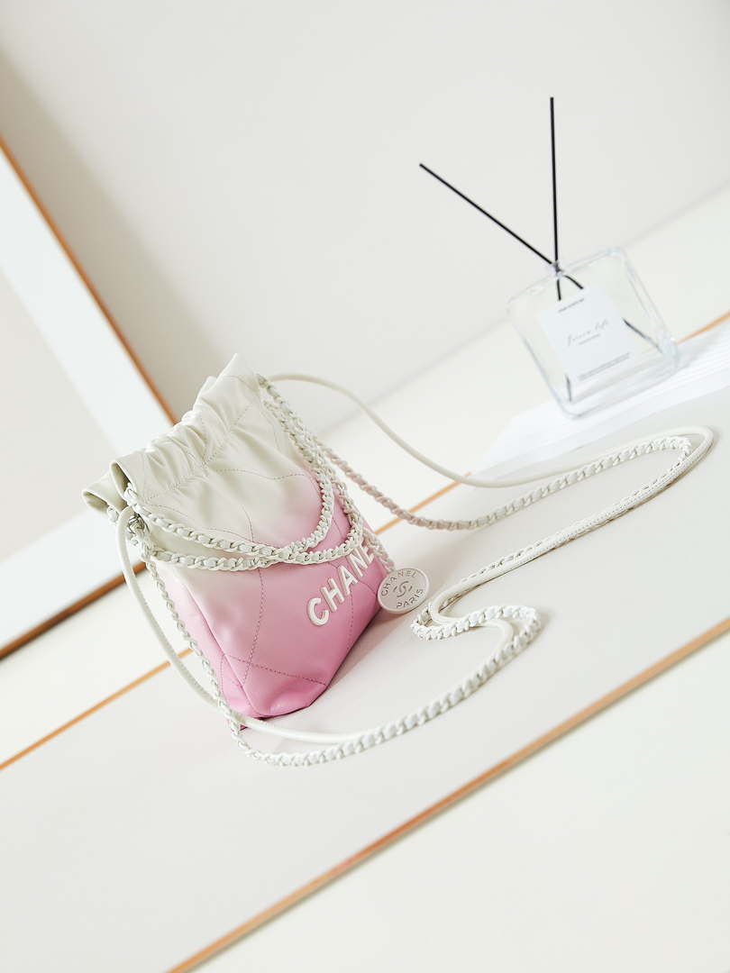 Chanel 22 Mini Handbag Patent Gradient Calfskin Lacquered Metal AS3980 White & Light Pink - Default Title - View 3