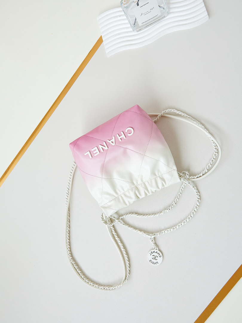 Chanel 22 Mini Handbag Patent Gradient Calfskin Lacquered Metal AS3980 White & Light Pink - Default Title - View 7
