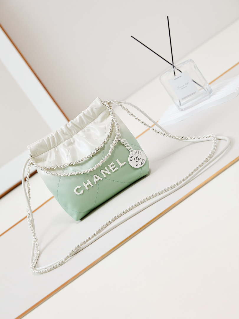 Chanel 22 Mini Handbag Patent Gradient Calfskin Lacquered Metal AS3980 White & Light Green