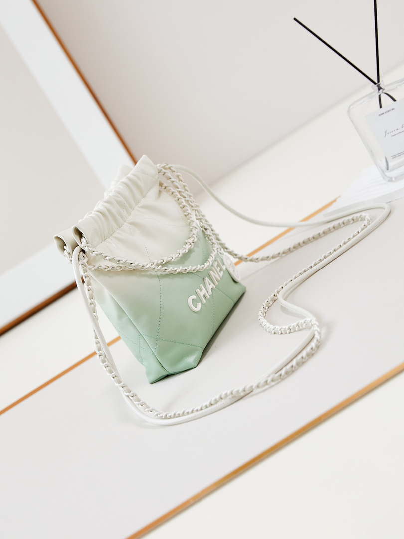 Chanel 22 Mini Handbag Patent Gradient Calfskin Lacquered Metal AS3980 White & Light Green