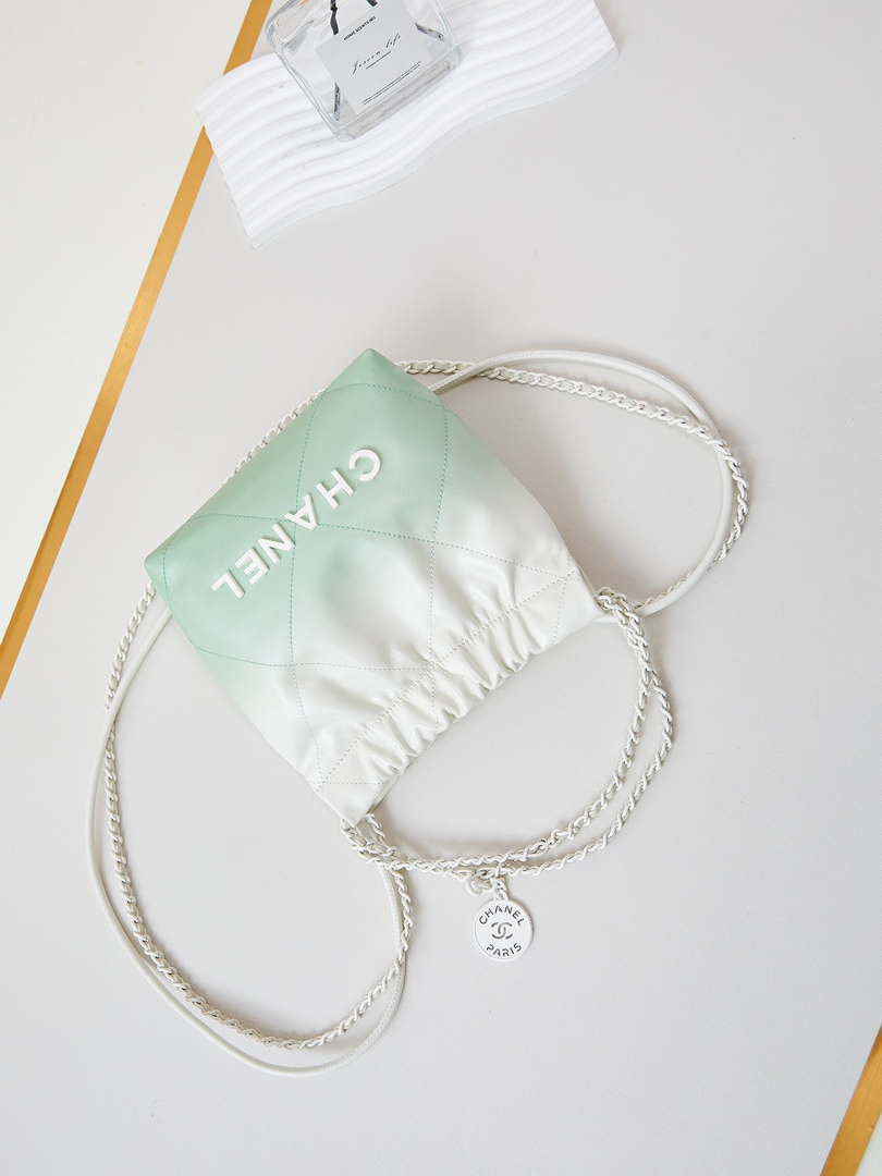 Chanel 22 Mini Handbag Patent Gradient Calfskin Lacquered Metal AS3980 White & Light Green - Default Title - View 7
