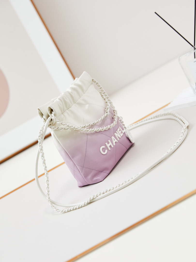 Chanel 22 Mini Handbag Patent Gradient Calfskin Lacquered Metal AS3980 White & Light Purple