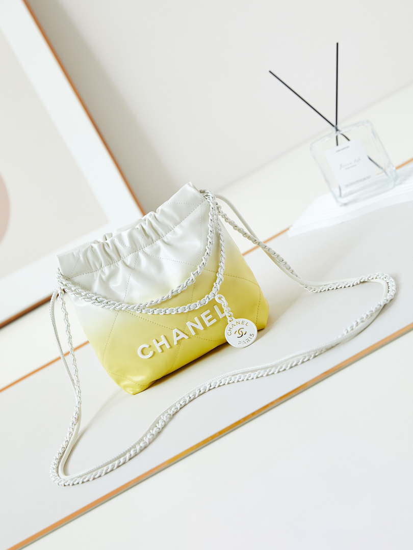 Chanel 22 Mini Handbag Patent Gradient Calfskin Lacquered Metal AS3980 White & Yellow - Default Title - View 1