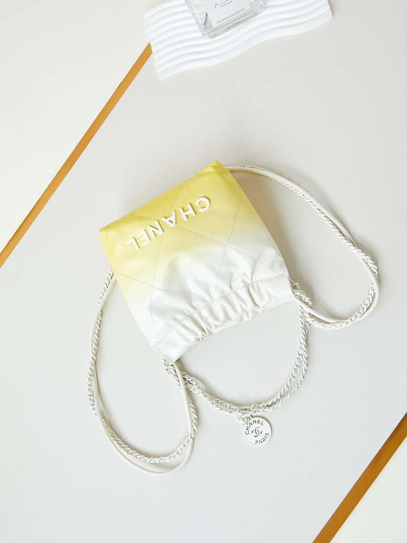 Chanel 22 Mini Handbag Patent Gradient Calfskin Lacquered Metal AS3980 White & Yellow - Default Title - View 7