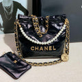 Chanel 22 Mini Handbag Shiny Calfskin AS3260 Pearl Chain Black with Gold - Default Title - View 1