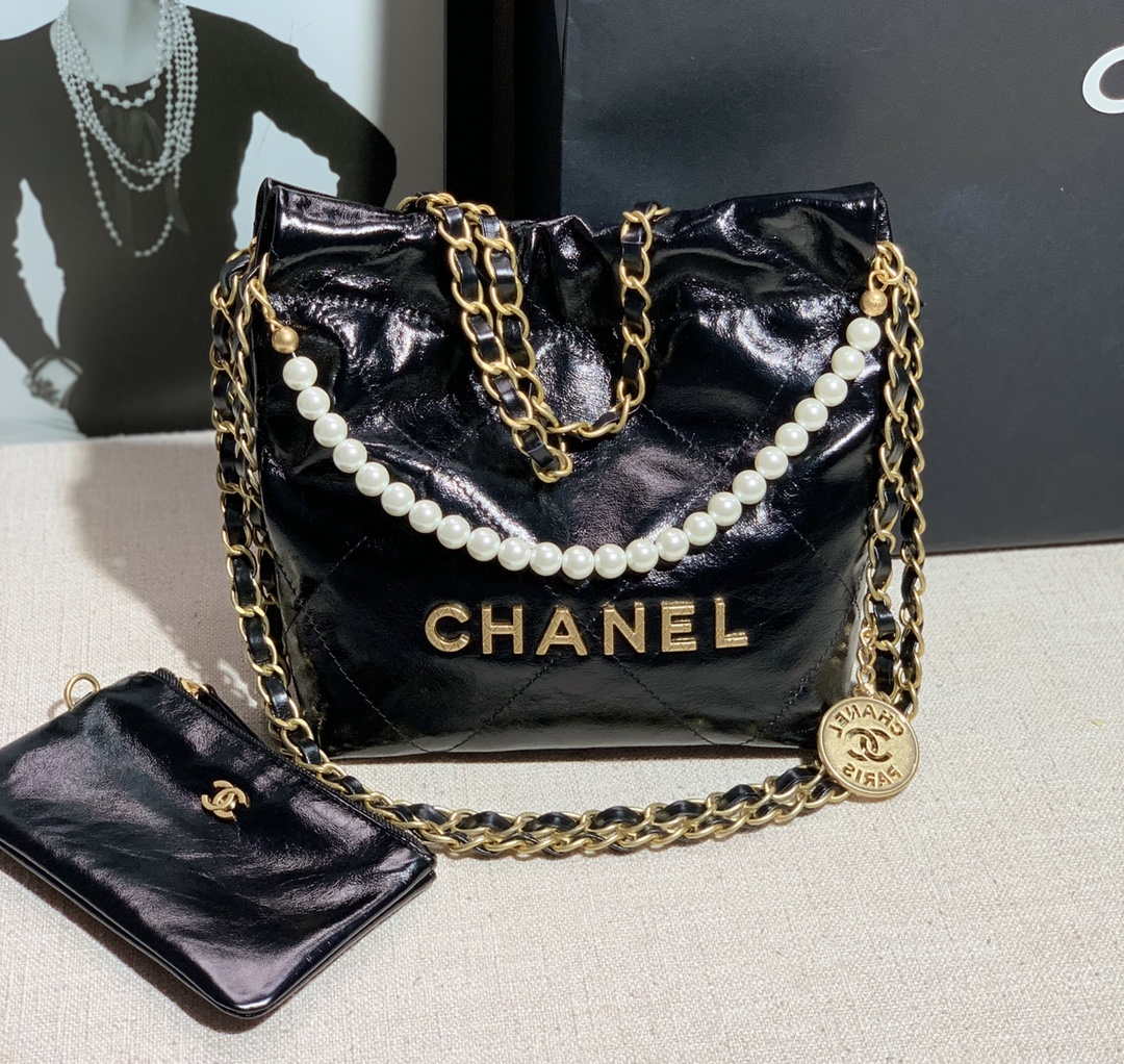 Chanel 22 Mini Handbag Shiny Calfskin AS3260 Pearl Chain Black with Gold - Default Title - View 1