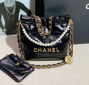 Chanel 22 Mini Handbag Shiny Calfskin AS3260 Pearl Chain Black with Gold - Default Title - View 1