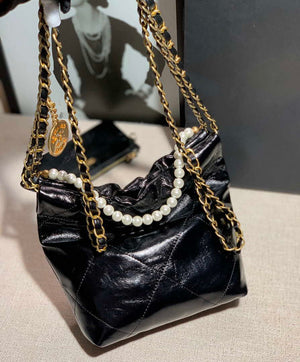 Chanel 22 Mini Handbag Shiny Calfskin AS3260 Pearl Chain Black with Gold - Default Title - View 2