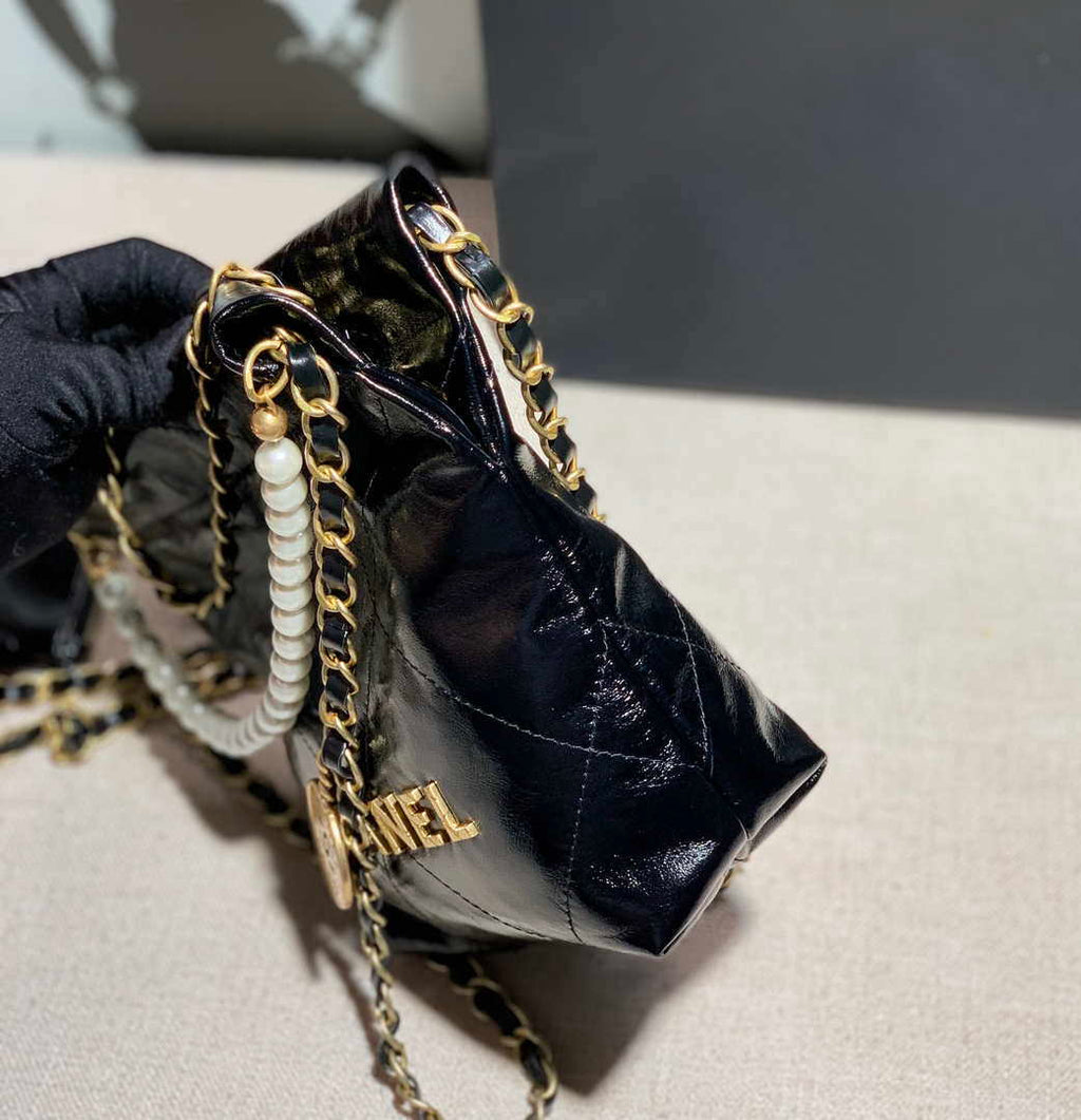 Chanel 22 Mini Handbag Shiny Calfskin AS3260 Pearl Chain Black with Gold