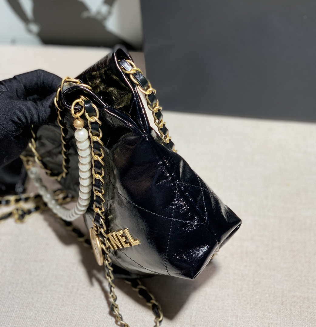 Chanel 22 Mini Handbag Shiny Calfskin AS3260 Pearl Chain Black with Gold - Default Title - View 3